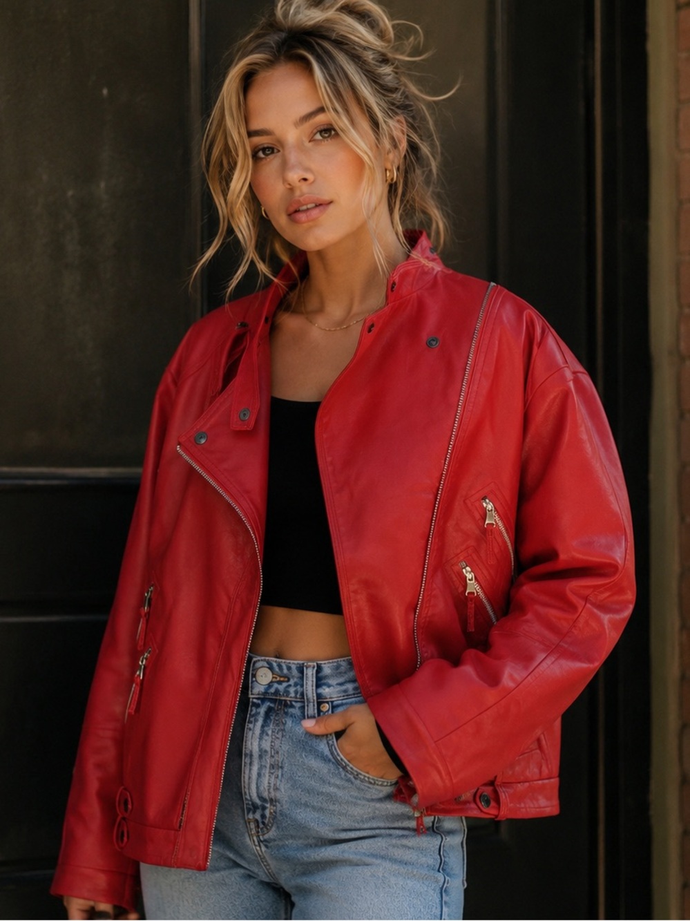 Women's Red Leather Biker Jacket - Contemporary Zip Detail